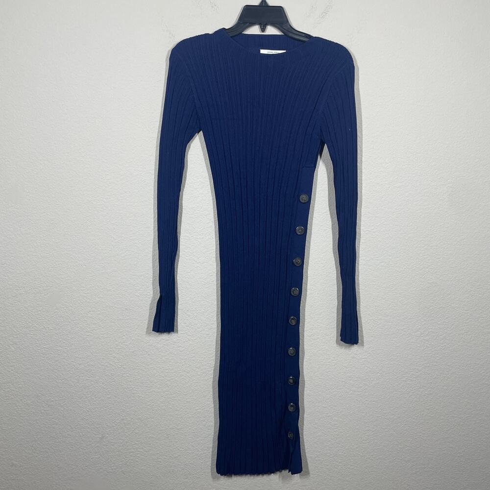 Adam Lippes Size Small Rib Sweater Dress Navy Knit Side Buttons Long Sleeves - Picture 4 of 11